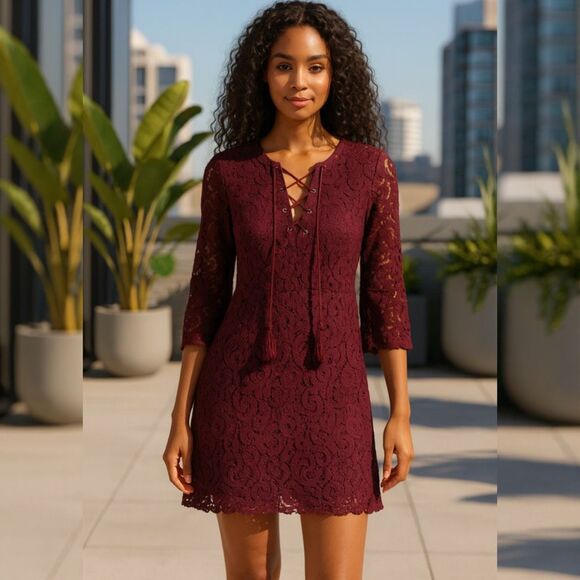 Xhilaration XS Lace Overlay Burgundy Mini Dress Boho Festival Romantic Goth - Picture 1 of 7